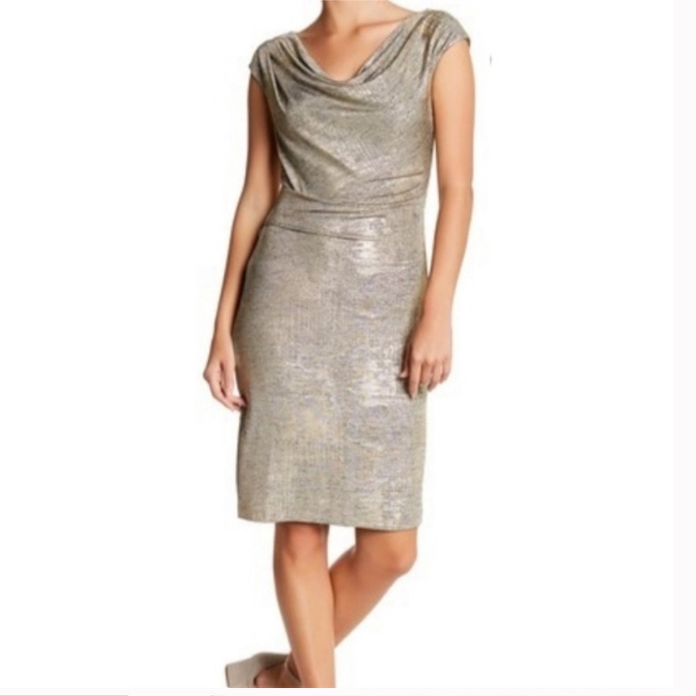 VINCE CAMUTO Metallic Cowl Neck Ruched Dress